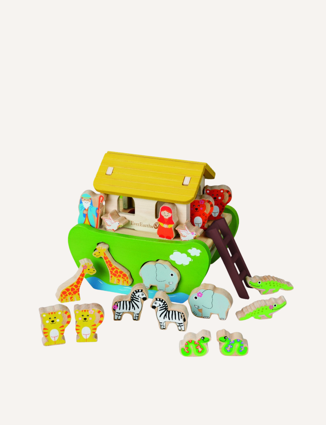 The Educational Shape Sorting Noah's Ark by EverEarth is a vibrant wooden playset honoring biblical stories, with pairs of giraffes, zebras, elephants, crocodiles, human figures, a yellow roof, and a brown ramp for imaginative adventures.