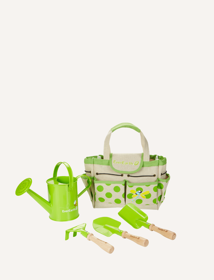 Green children's gardening set: watering can, rake, trowel, spade, and a polka-dot tool bag for outdoor play.
