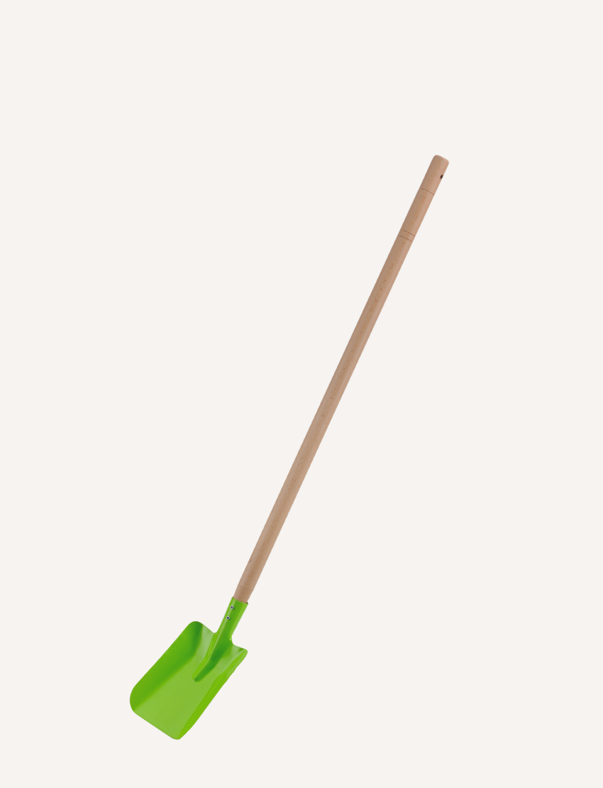 The Outdoor Shovel by Ever Earth boasts a sleek, straight handle made from FSC-certified wood and a vivid green metal blade. Its rectangular blade has slightly curved edges, presenting a clean and simple design that aids in developing fine motor skills while gardening.