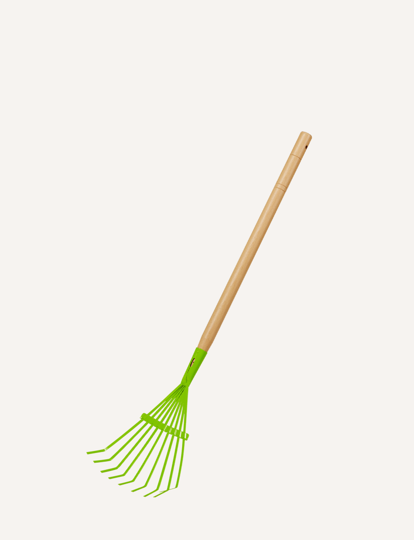 Bright green children's leaf rake with a wooden handle, perfect for garden play and leaf collection.
