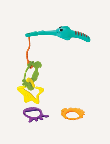 The Infantino Fishing Fun Activity Set is a colorful baby toy perfect for an aquatic adventure. It features a turquoise handle, orange cord, green crocodile teether, yellow star ring, orange spiky ring, green ring, and a purple ring with wave-like edges. This engaging set helps develop fine motor skills through its vibrant textures and shapes.