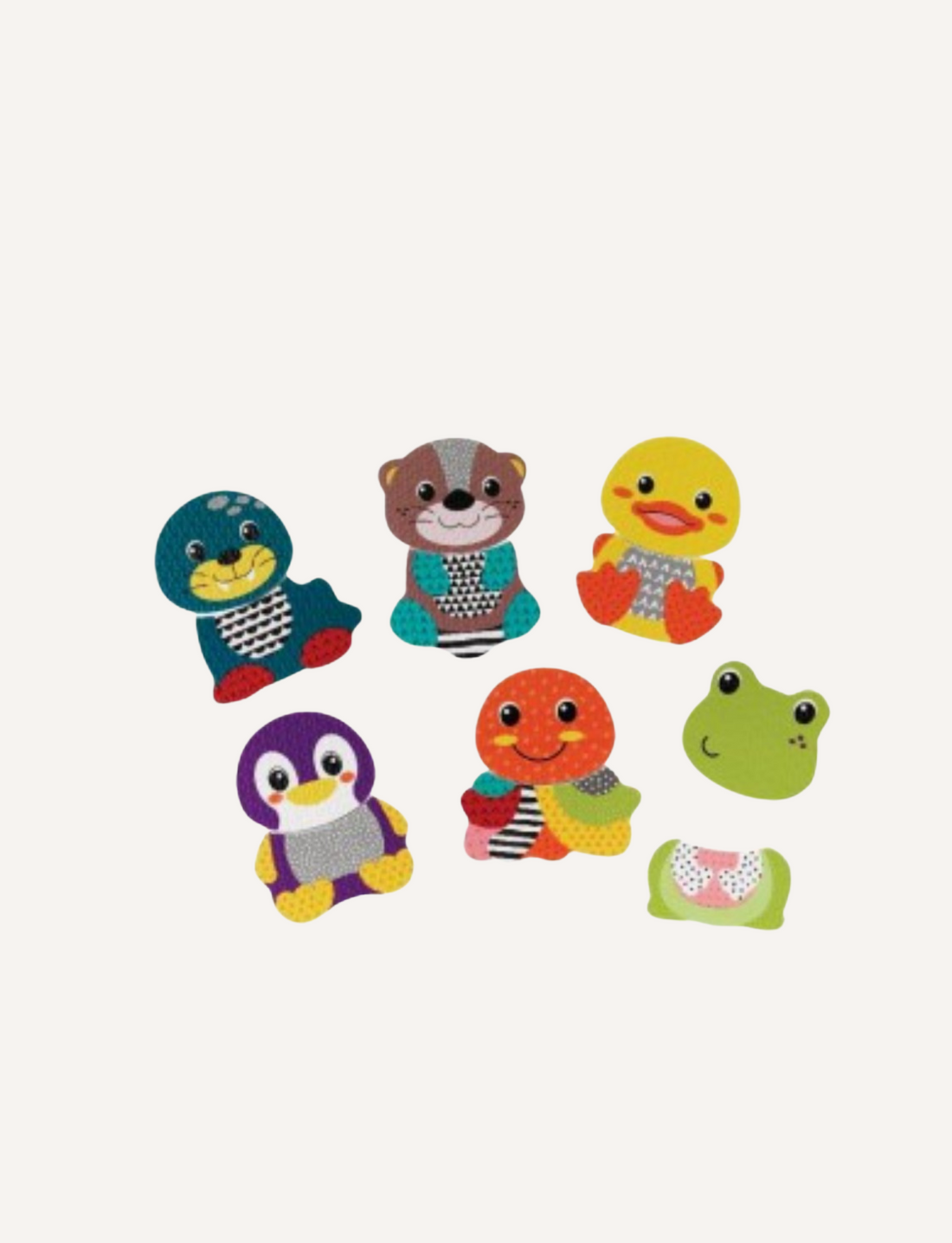 Image of seven colorful, animal-themed stickers from Infantino's Mix & Match Bath Sticker Pals. The set features a blue and yellow duck, a brown and gray otter, a yellow duck, a purple and yellow penguin, an orange bird, a green frog, and a green and white dog. Each character boasts a playful, cartoonish design ideal for creating mix-and-match foam animals or enhancing cognitive skills during playtime.