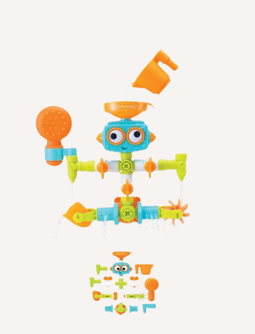 The Infantino Plug N Play Plumber Set is a colorful water play toy robot with blue, orange, and yellow parts. It features a funnel on top for pouring water, along with gears and spinning elements. Below the assembled robot are disassembled parts showcasing all the individual pieces.