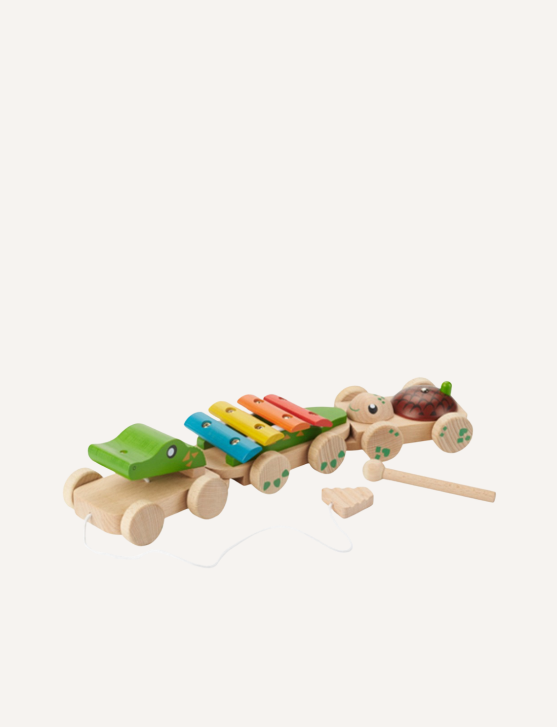 The Educational Pull-along Musical Crocodile by Ever Earth is a wooden pull-along toy train featuring colorful elements. The front section displays a frog face, followed by a segment adorned with rainbow-colored xylophone bars, and the back resembles a bear holding a bell. Connected by string and rolling on wooden wheels, this charming toy provides both fun and learning for young children.