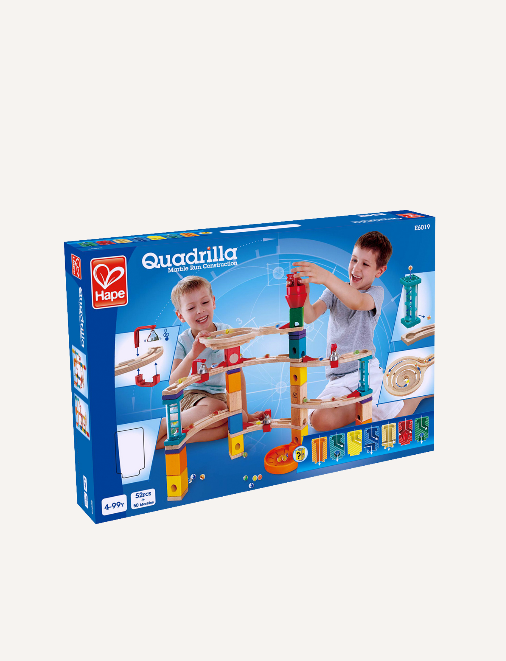 The Castle Escape by Hape is a multicolored wooden marble run set featuring a tall tower, various ramps, and a circular track at the top. Numerous marbles are scattered around the base of this STEM toy, providing both fun and educational value.