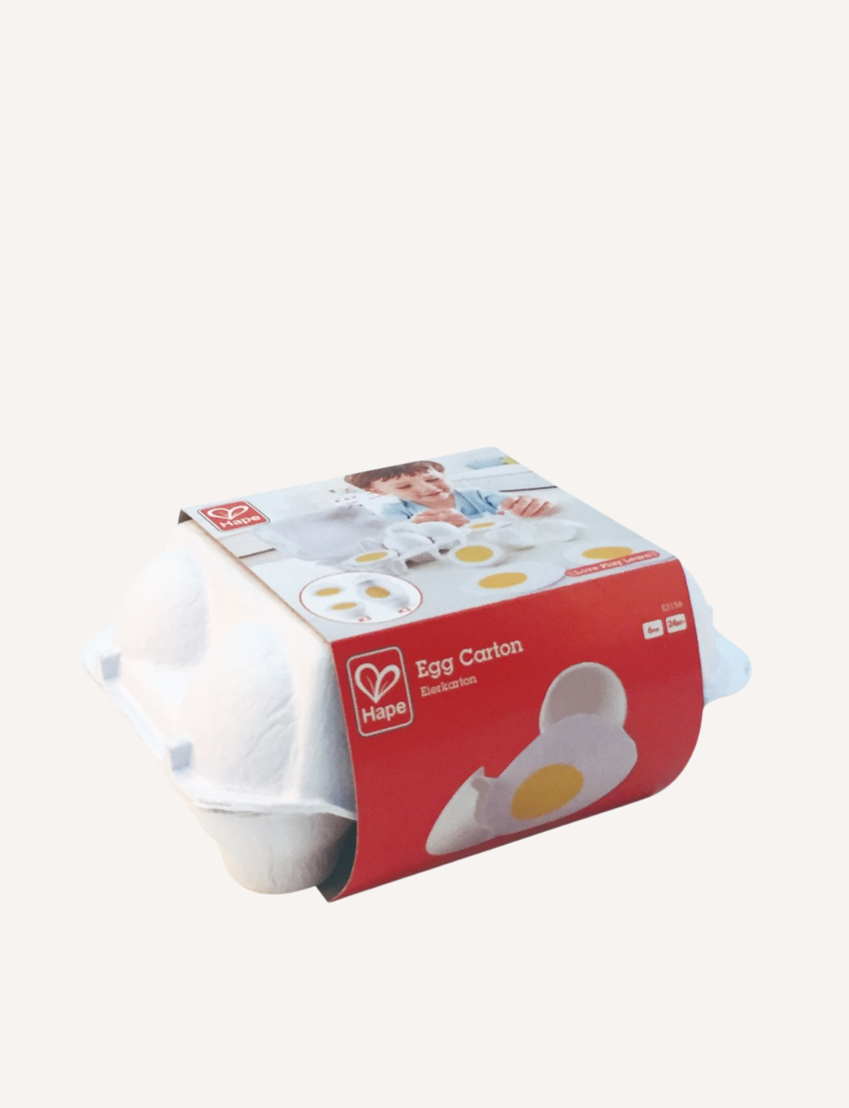 The Hape Egg Carton includes three whole white eggs, several halved eggs with yellow centers, one whole egg with the top removed, two empty shells, and a flat realistic play egg representation with a yellow center—making it an ideal addition to any kids' cooking set.