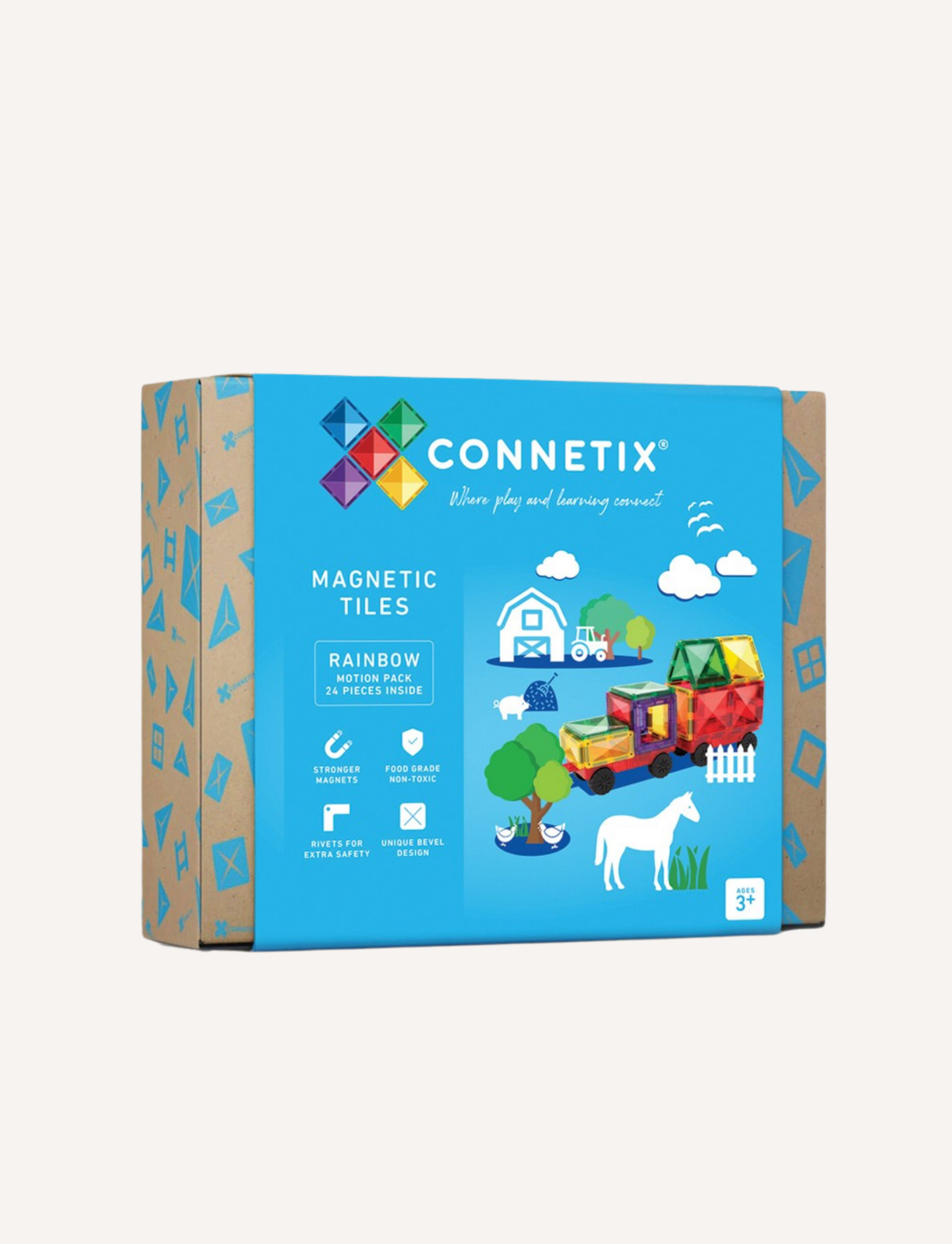 A box of Connetix Tiles 24-Piece Motion Pack is displayed. The package is blue and brown with illustrations of animals, buildings, and vehicles for enthusiasts. It is labeled "Rainbow, 24 Pieces Inside" and indicates features like food-grade ABS, round edges, non-toxic materials—perfect for ages 3+ and STEM learning.