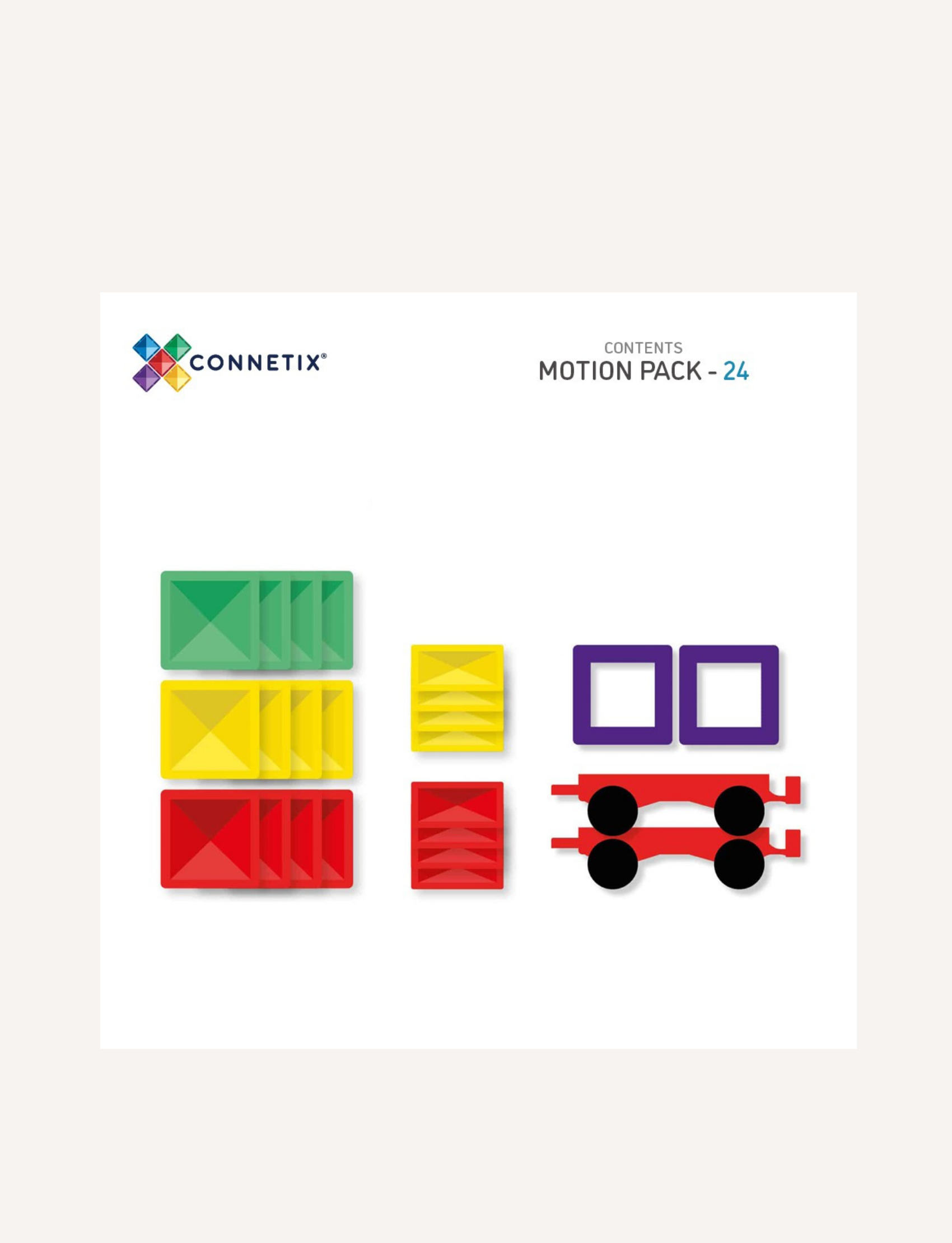 A box of Connetix Tiles 24-Piece Motion Pack is displayed. The package is blue and brown with illustrations of animals, buildings, and vehicles for enthusiasts. It is labeled "Rainbow, 24 Pieces Inside" and indicates features like food-grade ABS, round edges, non-toxic materials—perfect for ages 3+ and STEM learning.