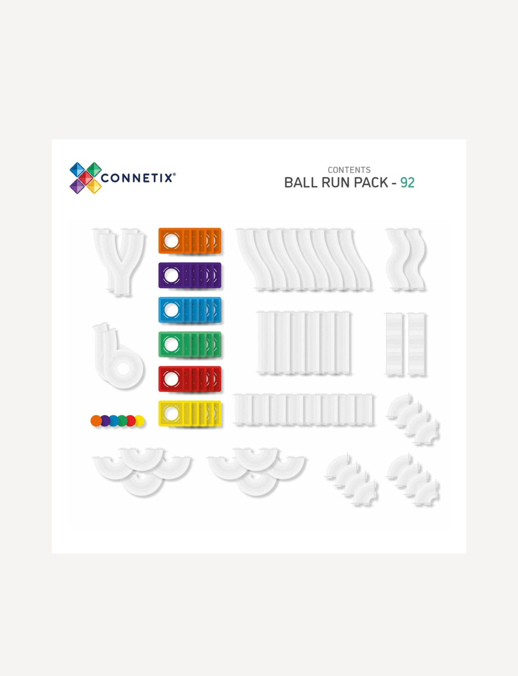 The image shows a box of Connectix 92-Piece Ball Run Pack by Connetix Tiles, ideal for STEM learning. The packaging is turquoise with geometric patterns, featuring an illustration of a colorful structure made from the tiles. The text reads "Connetix," "92-Piece Ball Run Pack," and includes product details and warnings.