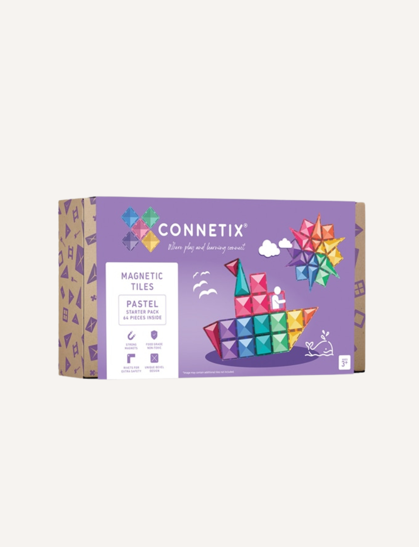 The Connetix Tiles Pastel Starter Pack is a beautifully designed purple box labeled "Connetix Tiles," featuring a vibrant geometric pattern. It contains 64 pieces, including various shapes and a building guide, highlighting the magnetism and problem-solving advantages. Suitable for children aged 3 and up, it’s an open-ended, high-quality toy that encourages creativity and learning.