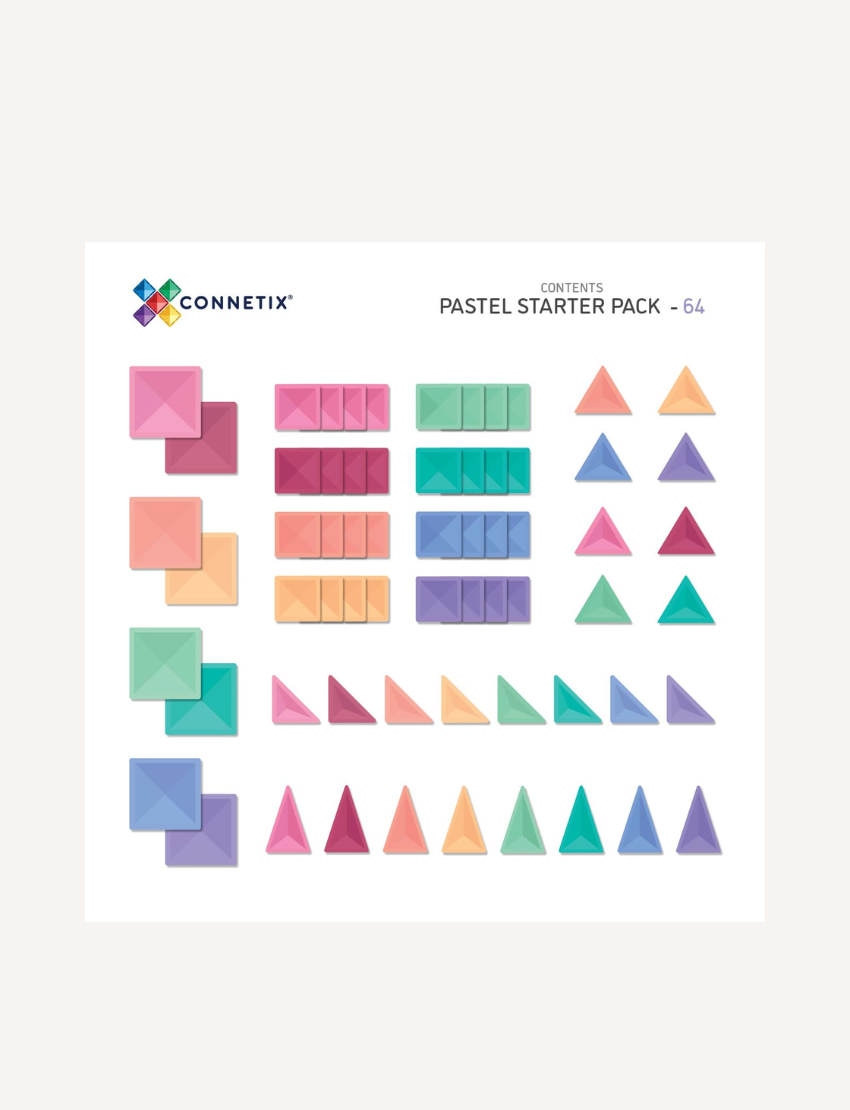 The Connetix Tiles Pastel Starter Pack is a beautifully designed purple box labeled "Connetix Tiles," featuring a vibrant geometric pattern. It contains 64 pieces, including various shapes and a building guide, highlighting the magnetism and problem-solving advantages. Suitable for children aged 3 and up, it’s an open-ended, high-quality toy that encourages creativity and learning.