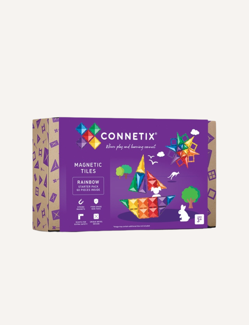 The Connetix Rainbow Starter Pack 60-Piece by Connetix Tiles includes an array of vibrant magnetic tiles, serving as an ideal open-ended toy for boundless creativity. The packaging features a colorful geometric design with birds, a rabbit, and various shapes, making it suitable for ages 3 and up.