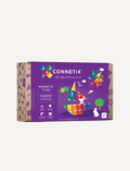 A package of Connetix Tiles Rainbow Starter Pack 60-Piece is shown, labeled accordingly. The box is adorned with vibrant geometric designs and images depicting an array of 2D and 3D structures that can be constructed with the tiles. It is suitable for ages 3 and up.