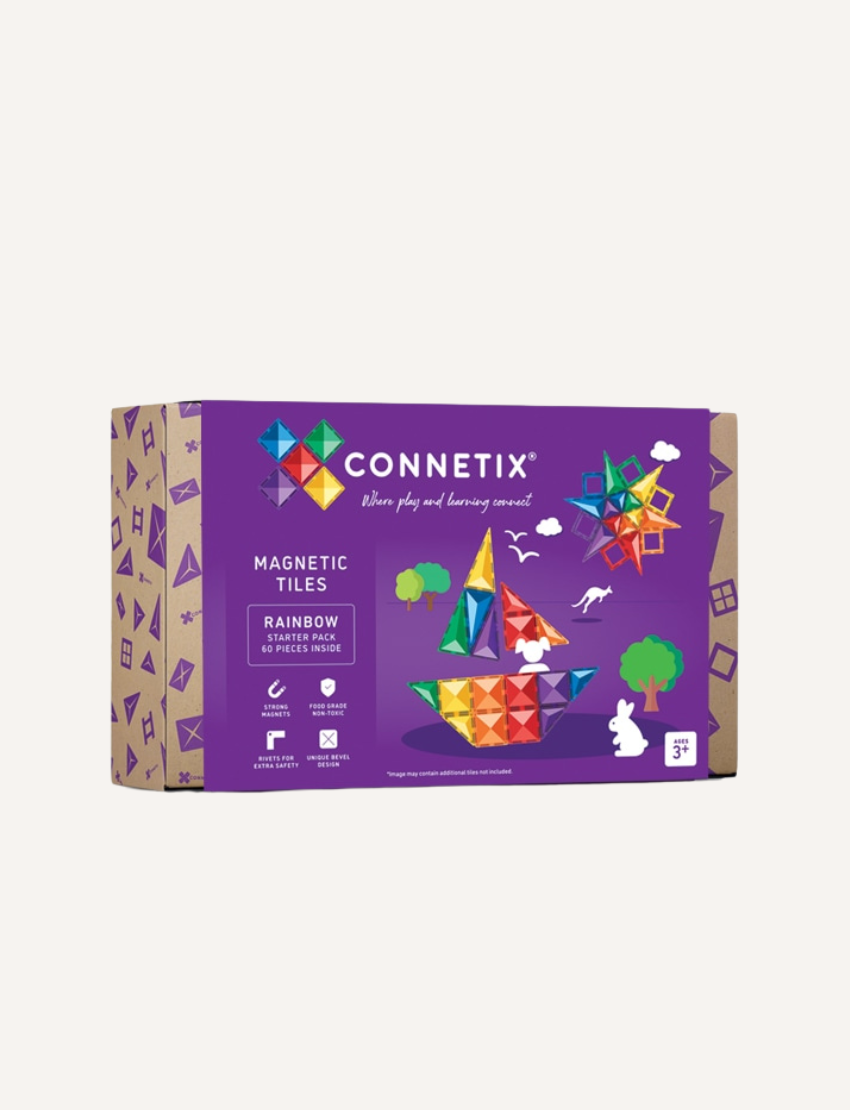 Connetix Magnetic Tiles Rainbow Starter Pack 60 pieces box: Features colorful tile creations like a boat and star.
