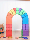 A package of Connetix Tiles Rainbow Starter Pack 60-Piece is shown, labeled accordingly. The box is adorned with vibrant geometric designs and images depicting an array of 2D and 3D structures that can be constructed with the tiles. It is suitable for ages 3 and up.