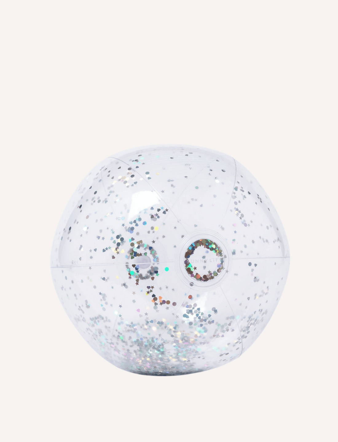 A rectangular box showcasing the product "Inflatable Beach Ball Glitter" by Sunnylife. The design highlights a light blue inflatable beach ball filled with glitter, set against a white background. It includes a warning about small parts and is labeled for ages 3 years and up, made from non-toxic, phthalate-free PVC.