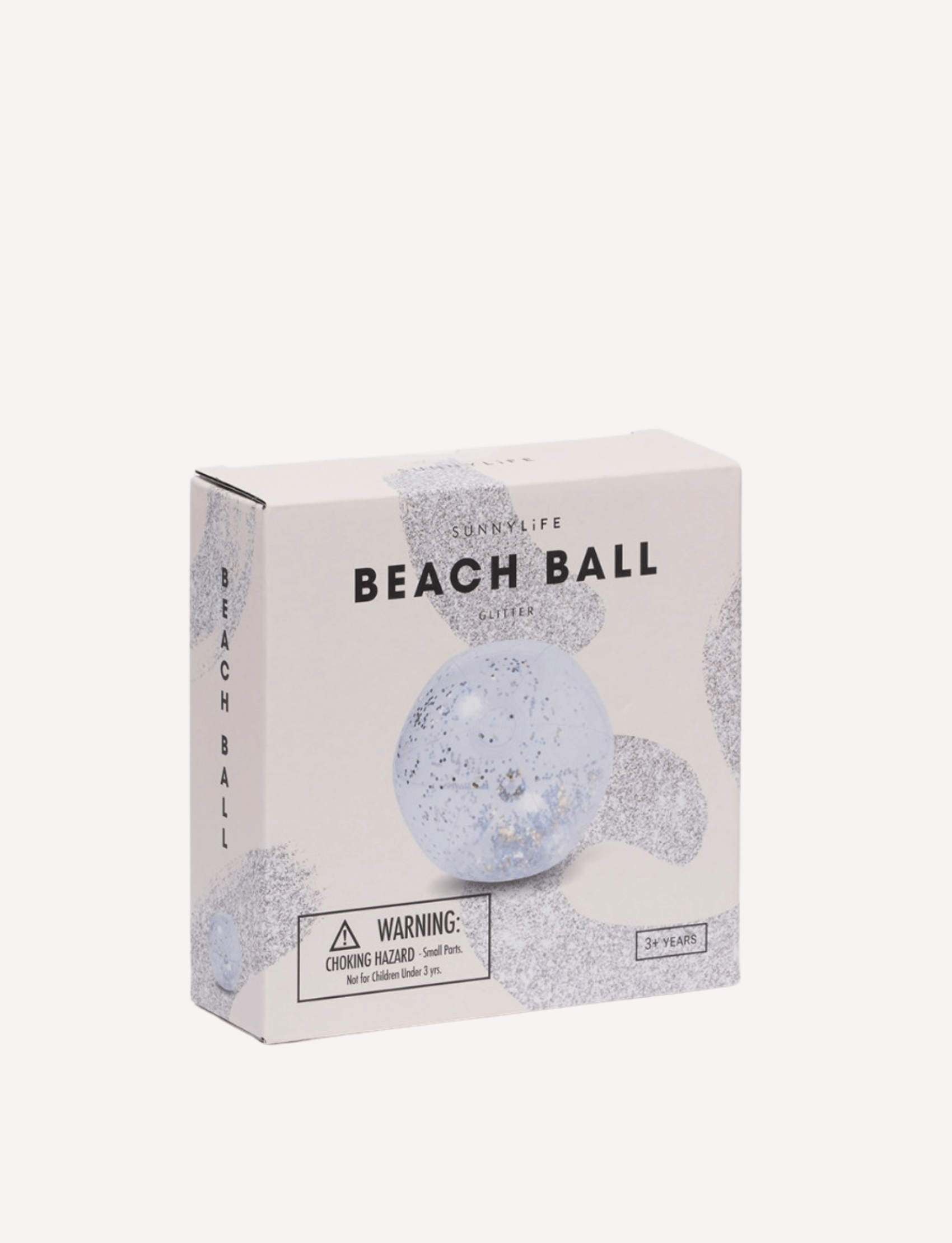 A rectangular box showcasing the product "Inflatable Beach Ball Glitter" by Sunnylife. The design highlights a light blue inflatable beach ball filled with glitter, set against a white background. It includes a warning about small parts and is labeled for ages 3 years and up, made from non-toxic, phthalate-free PVC.