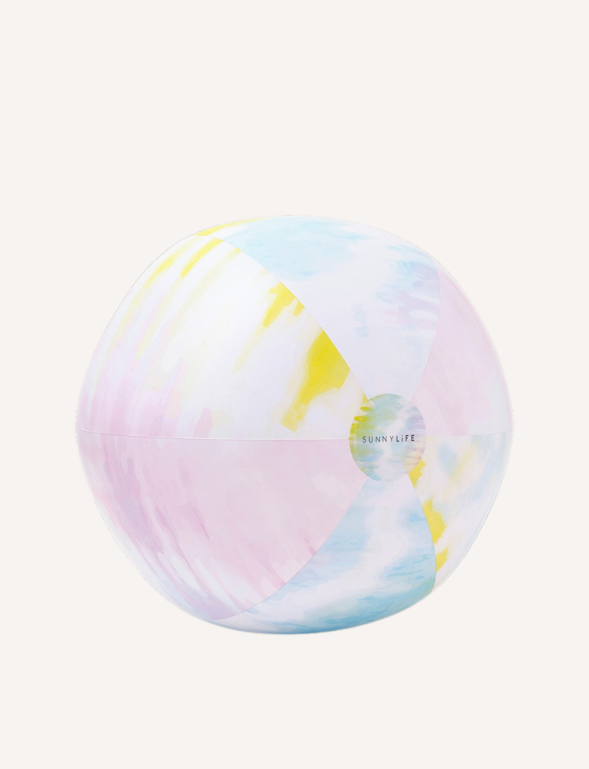 A pastel beach ball featuring segments in soft hues of blue, yellow, pink, green, and white displays the brand "Sunnylife" printed on one of its panels. This Inflatable Beach Ball is set against a simple white background.