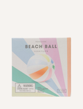 A vibrant beach ball featuring sections of pastel blue, yellow, green, pink, and white. The ball prominently displays the 