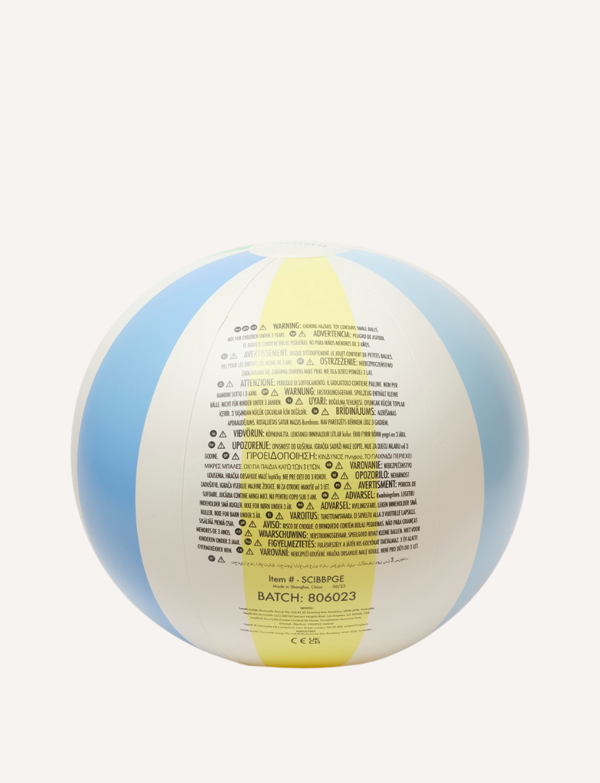 A vibrant beach ball featuring sections of pastel blue, yellow, green, pink, and white. The ball prominently displays the "Sunnylife" brand name and includes a section with printed text for safety information or instructions.