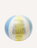 A vibrant beach ball featuring sections of pastel blue, yellow, green, pink, and white. The ball prominently displays the 