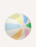 A vibrant beach ball featuring sections of pastel blue, yellow, green, pink, and white. The ball prominently displays the 