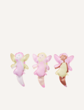 Three vibrant Dive Buddies Mima the Fairy Lemon Lilac toys from Sunnylife are arranged on a light background. These fairies, who resemble eye-catching diving toys, have wings and wear bright outfits in pastel colors including pink, yellow, and purple. Each fairy has a joyful smiling face.