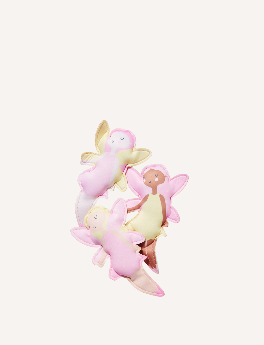 Three vibrant Dive Buddies Mima the Fairy Lemon Lilac toys from Sunnylife are arranged on a light background. These fairies, who resemble eye-catching diving toys, have wings and wear bright outfits in pastel colors including pink, yellow, and purple. Each fairy has a joyful smiling face.