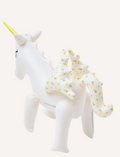 The Sunnylife Inflatable Sprinkler, named Mima the Unicorn - Lemon Lilac, is designed as a white unicorn with a yellow horn. Crafted from non-toxic PVC, this enchanting float features flower-patterned wings and a detailed eye on its head, making it both safe and captivating.