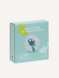 The 3D Inflatable Beach Ball Shark Tribe Khaki by Sunnylife is a fully inflated, transparent beach ball featuring small teal polka dots and a teal dolphin-shaped balloon at its center. This durable beach ball is crafted from Phthalate-free PVC material.