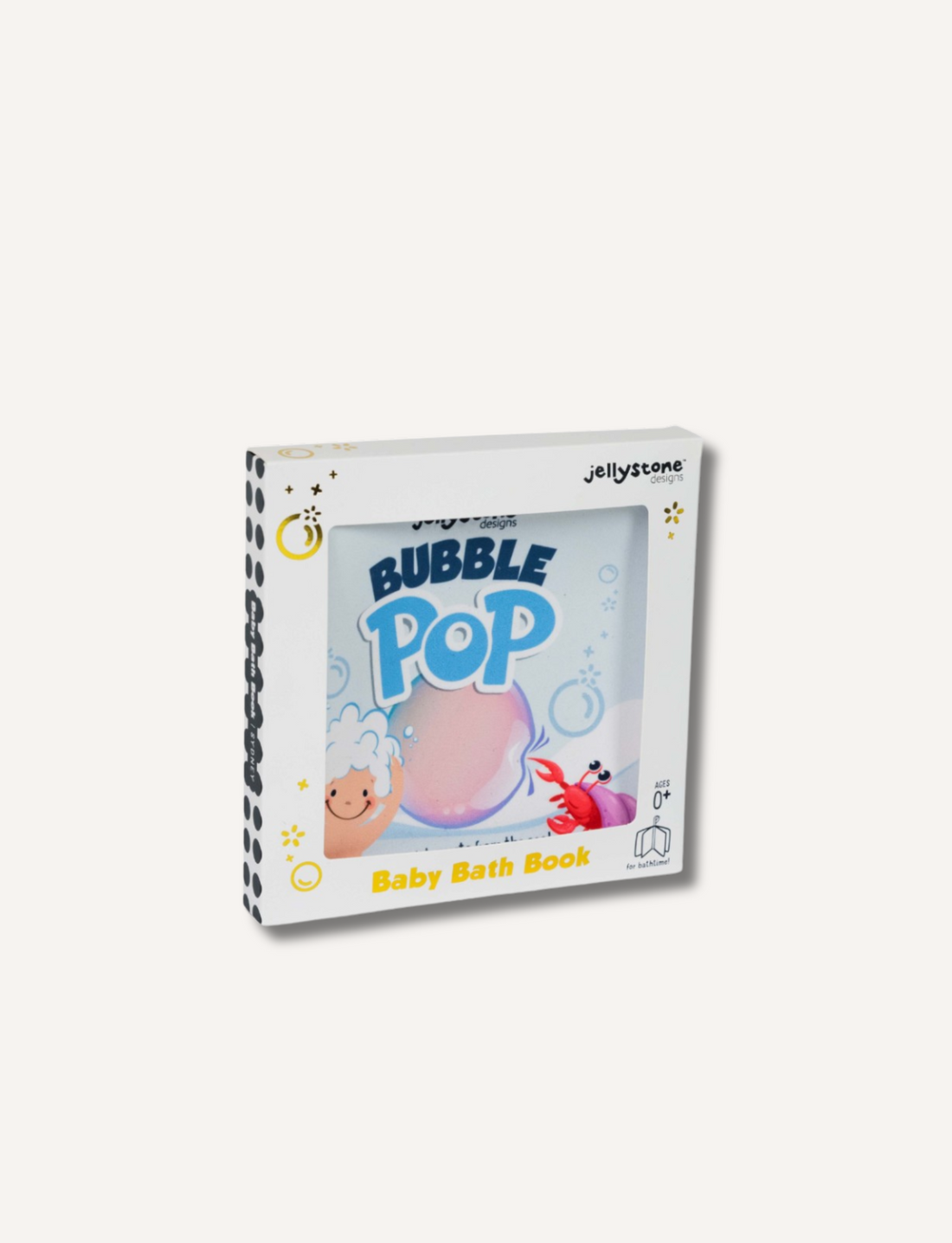 The image features a baby bath book titled "Baby Bath Book" from Jellystone Designs in its packaging. The package is white with a polka dot border, and the neoprene bath book cover showcases illustrations of a bubble, a sheep, and a crab. The brand name "Jellystone Designs" is displayed on the top right.