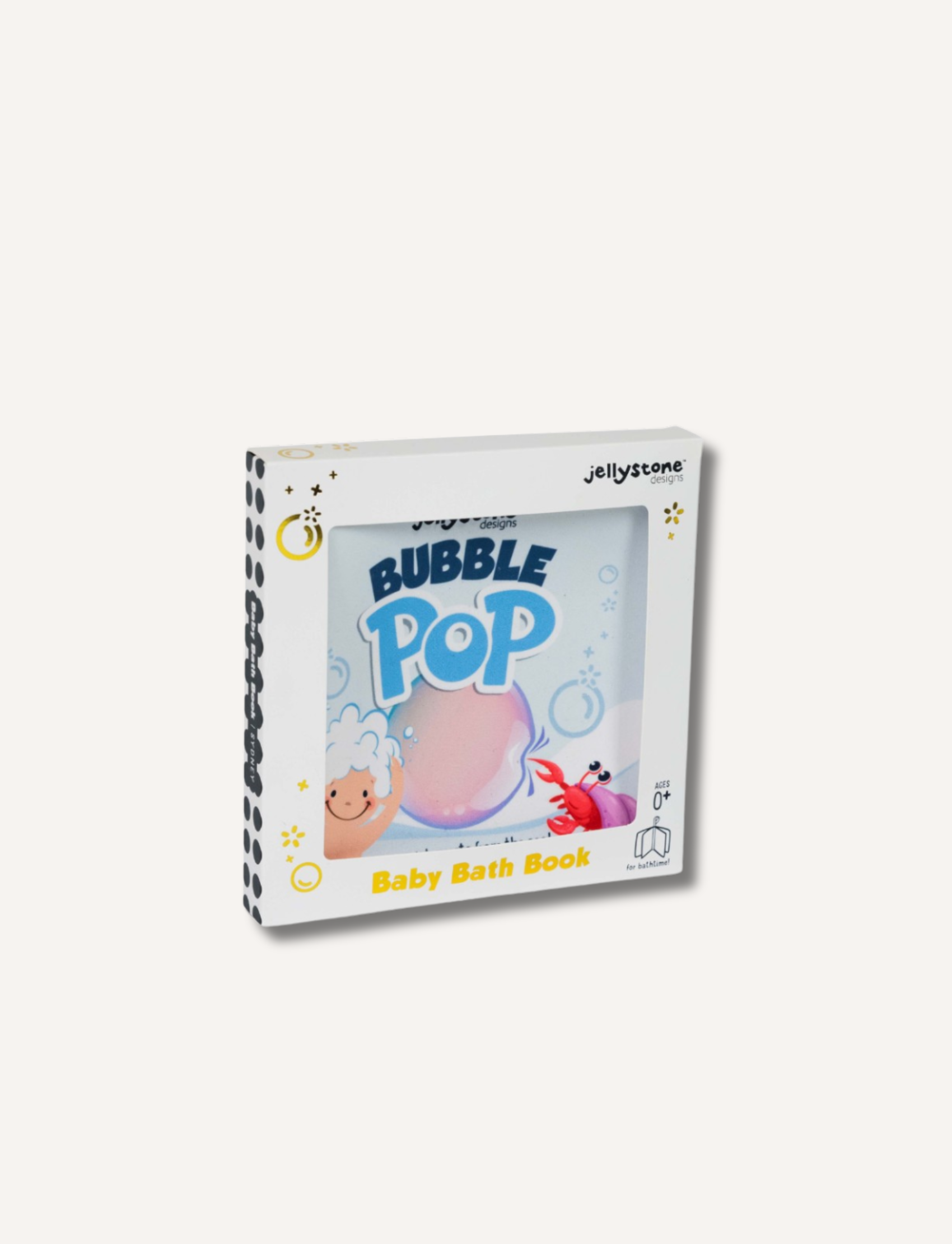 The image features a baby bath book titled "Baby Bath Book" from Jellystone Designs in its packaging. The package is white with a polka dot border, and the neoprene bath book cover showcases illustrations of a bubble, a sheep, and a crab. The brand name "Jellystone Designs" is displayed on the top right.