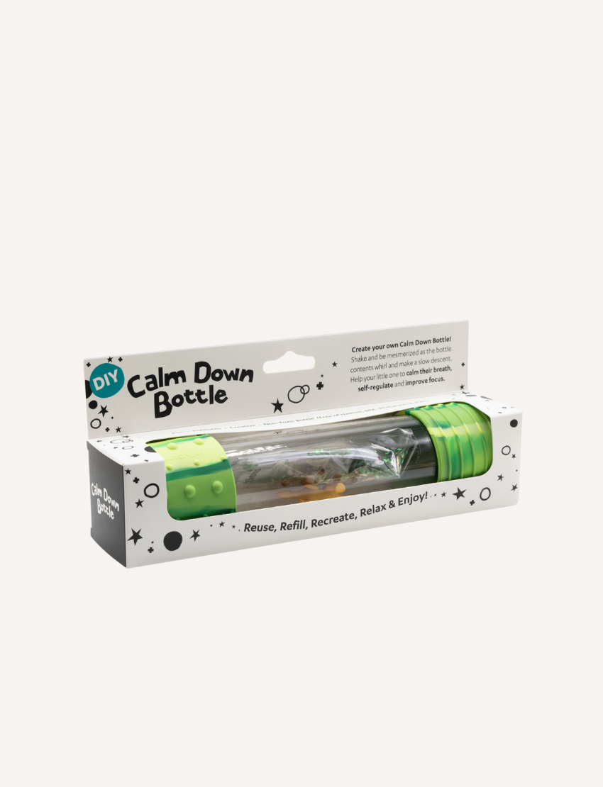 The Jellystone Designs DIY Calm Down Bottle is a clear tube with green textured caps containing liquid and an orange dinosaur figure, ideal for creating a sensory bottle. It's perfect for helping kids self-regulate during stress.