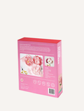 The image shows the back of a Journey of Something Paper Flower Making Kit box. The box is pink and provides instructions and images of the final product, which are light pink and dark pink paper flowers. Ideal for enhancing fine motor skills, the box also displays some icons and a barcode at the bottom.