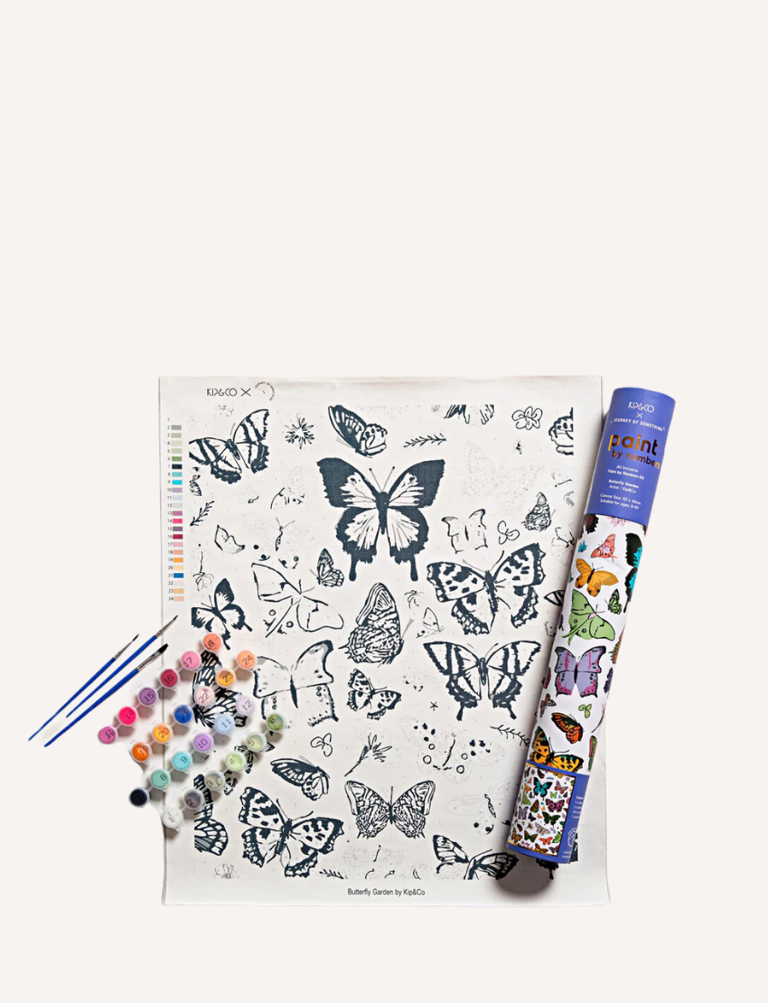 The Journey of Something Paint by Numbers kit includes a rolled canvas featuring butterfly outlines, housed in a blue cylindrical container. The kit also contains numbered paint pots, three paintbrushes, and a reference sheet. The canvas showcases butterflies partially colored in pink and blue hues.