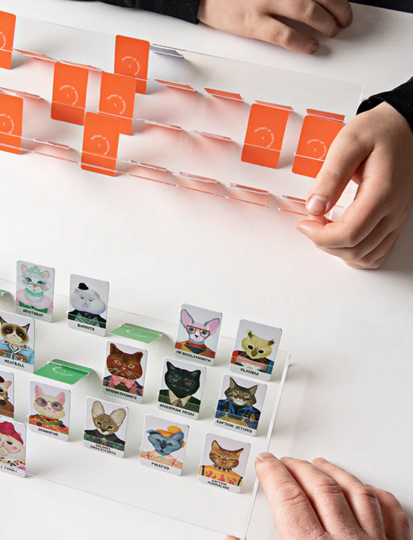 Two people are playing *Guess the Feline Game*, a Journey of Something creation, with cards featuring various illustrated feline characters. One set of kitty illustration face cards is in the players' hands while the other set is displayed on a clear stand. The cards include various cat faces with different attributes.