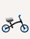 The Globber Go Bike Duo Balance Bike is a small, black and red toddler bike with no pedals, featuring EVA foam wheels. It has a black frame, a red adjustable handlebar, a black seat, and red wheels. The bike also includes a small footrest platform on the frame.