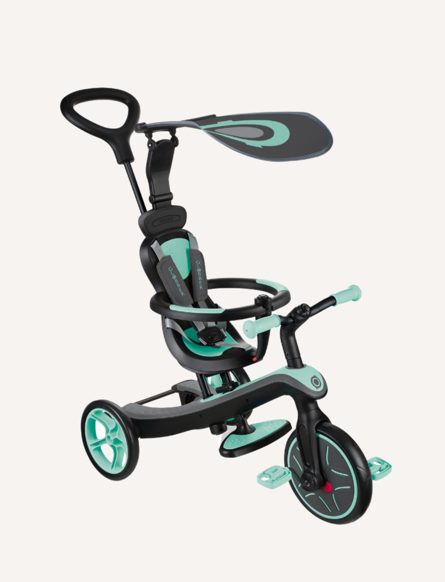Globber EXPLORER TRIKE 4in1 in Mint, fully assembled as a stroller tricycle with canopy and safety harness.