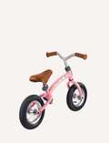 The Go Bike Air Balance Bike by Globber is a small, black balance bike featuring red handlebars and seat adjustments, specifically designed for toddlers aged 3-6. It includes two thick black tires and a checkered pattern on the frame near the seat. The bike has no pedals, aiding young children in learning balance and coordination while developing essential motor skills.