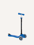 The GO UP SPORTY Convertible Scooter by Globber in Navy Blue is a blue and black three-wheeled toddler scooter with a T-shaped handlebar. This scooter features an adjustable handlebar height, a lean-to-steer mechanism, and a foot brake over the rear wheel. Blue arrows highlight the height adjustment mechanism and the foot brake.