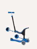 The GO UP SPORTY Convertible Scooter by Globber in Navy Blue is a blue and black three-wheeled toddler scooter with a T-shaped handlebar. This scooter features an adjustable handlebar height, a lean-to-steer mechanism, and a foot brake over the rear wheel. Blue arrows highlight the height adjustment mechanism and the foot brake.