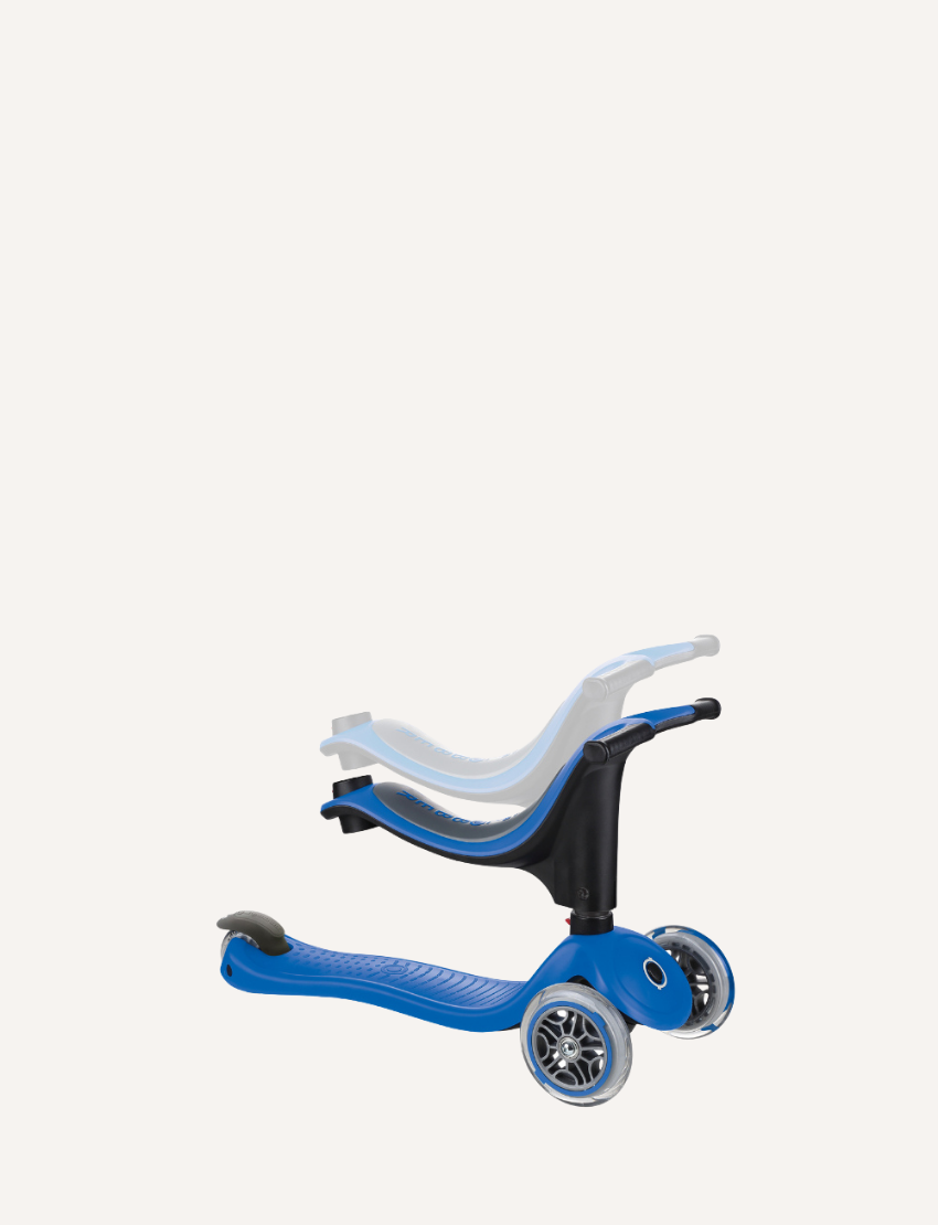 The GO UP SPORTY Convertible Scooter by Globber in Navy Blue is a blue and black three-wheeled toddler scooter with a T-shaped handlebar. This scooter features an adjustable handlebar height, a lean-to-steer mechanism, and a foot brake over the rear wheel. Blue arrows highlight the height adjustment mechanism and the foot brake.