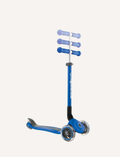 A PRIMO Foldable Scooter - Navy Blue by Globber for children, featuring a T-shaped handlebar, a wide deck with a textured grip, and two larger front LED wheels alongside one smaller rear wheel. The handlebar grip and wheels are blue, matching the color of the scooter.