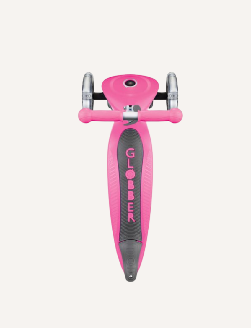 The Globber Primo Foldable Scooter is a blue three-wheeled scooter with a T-shaped handlebar offering adjustable height. It features blue grips, transparent LED-lit wheels, a standing deck, and a rear brake.