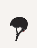 Introducing the Globber Kids Helmet with Flashing LED Light (XS/S 51-55cm), a black child's helmet designed for safety, featuring a red flashing LED button and an adjustable strap.