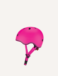 Introducing the Globber Kids Helmet with Flashing LED Light (XS/S 51-55cm), a black child's helmet designed for safety, featuring a red flashing LED button and an adjustable strap.