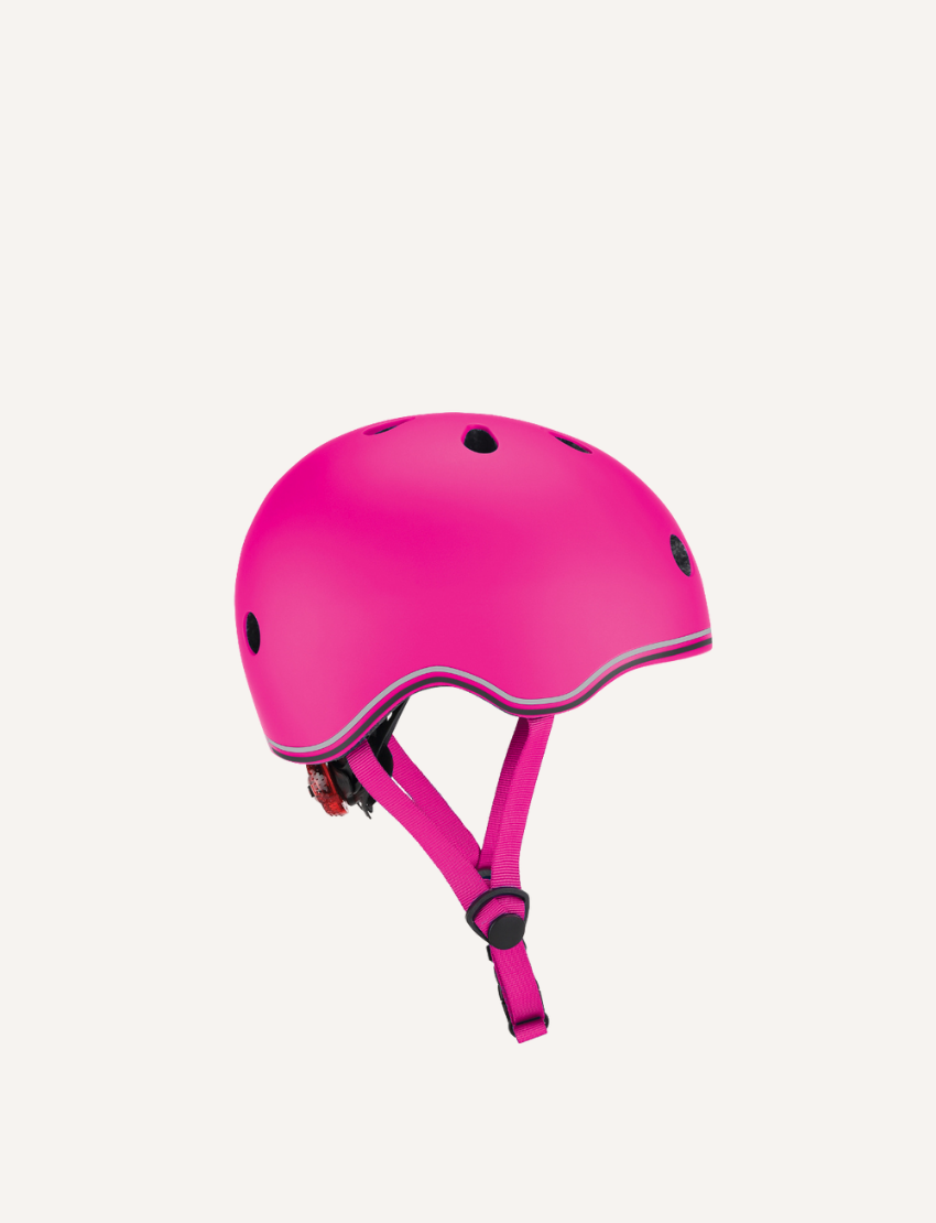 Deep pink kids helmet with reflective stripe and flashing LED light, XS/S size.