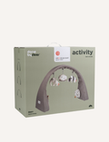 The Done by Deer Activity Gym is a blue arch with attached plush toys, perfect for floor time. The hanging toys include an elephant, a dome-shaped toy with geometric patterns, and a striped animal. Ideal for stimulating your baby’s senses, the arch stands freely with wide triangular supports at both ends.