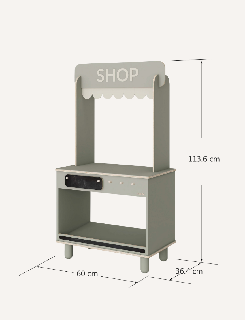 The Flexa Shop and Cafe is a grey play shop adorned with a "SHOP" sign above a charming scalloped awning. It features a counter, shelf, and knobs, measures 113.6 cm in height, 60 cm in width, 36.4 cm in depth, and stands on four short cylindrical legs.