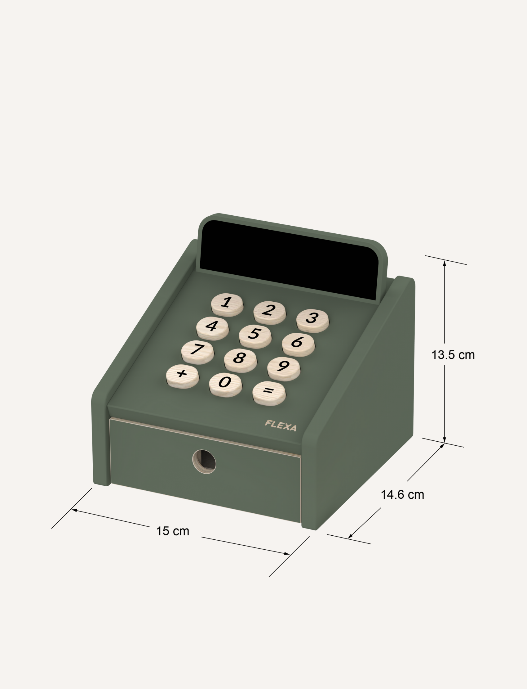 The Flexa Cash Register is a vibrant green wooden toy featuring wooden buttons and a display screen, ideal for imaginative play. It includes a numeric keypad with plus and minus symbols, along with wooden coins and a green card. The word "FLEXA" is elegantly displayed on both the register and the card.